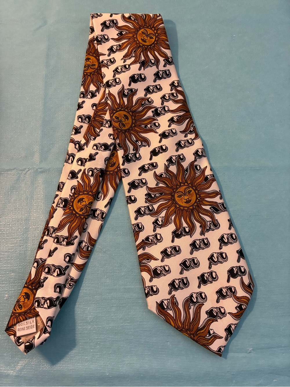 Moschino White Silk Tie with Gold Sun & Black Sunglasses Motif Italy